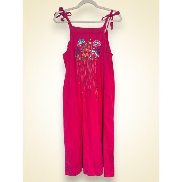 Vintage Dresses & Skirts - Vintage Mexican Embroidered Cotton Sundress Pink Floral Size Large Pockets